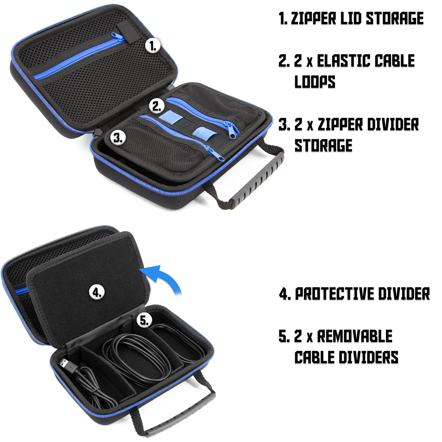Hard Shell Electronics Organizer Travel Case with 2 Adjustable Cable Bag Dividers, 3 Zipper Pouches and Elastic Cable Loops
