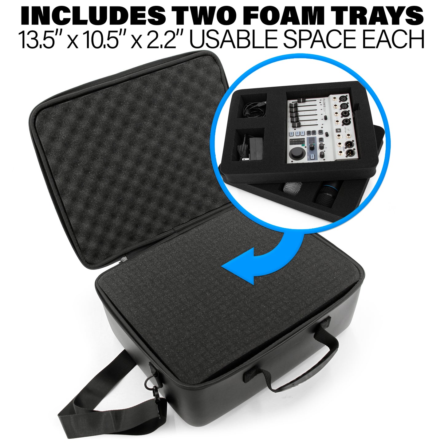 Mixer Case Compatible With Behringer Flow 8 or Xenyx 802s in Two Customizable Trays - Fits DJ Mixers and More up to 13.5" x 10.5" x 2.2"