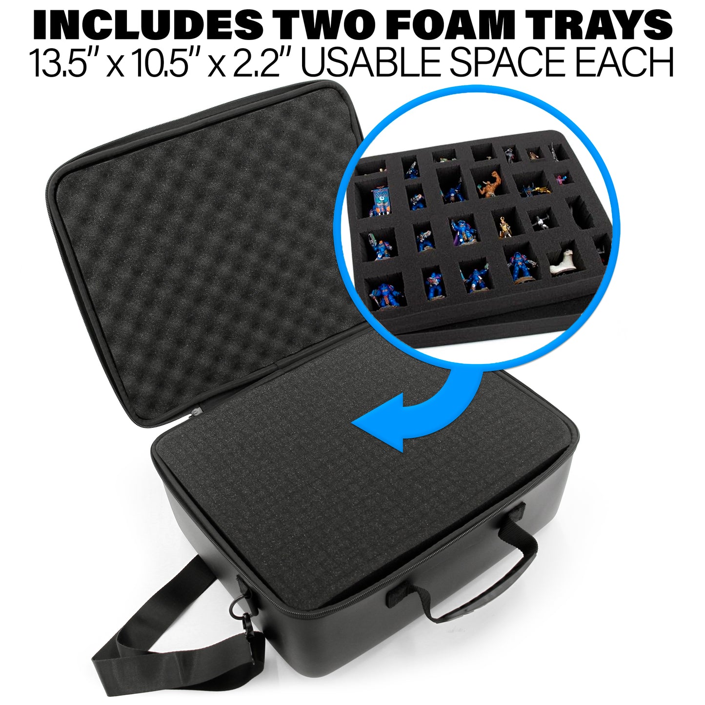 Miniature Carrying Case - Fully Customizable Miniature Storage Case with Two Pluck Foam Foam Trays For Minis, with Shoulder Strap