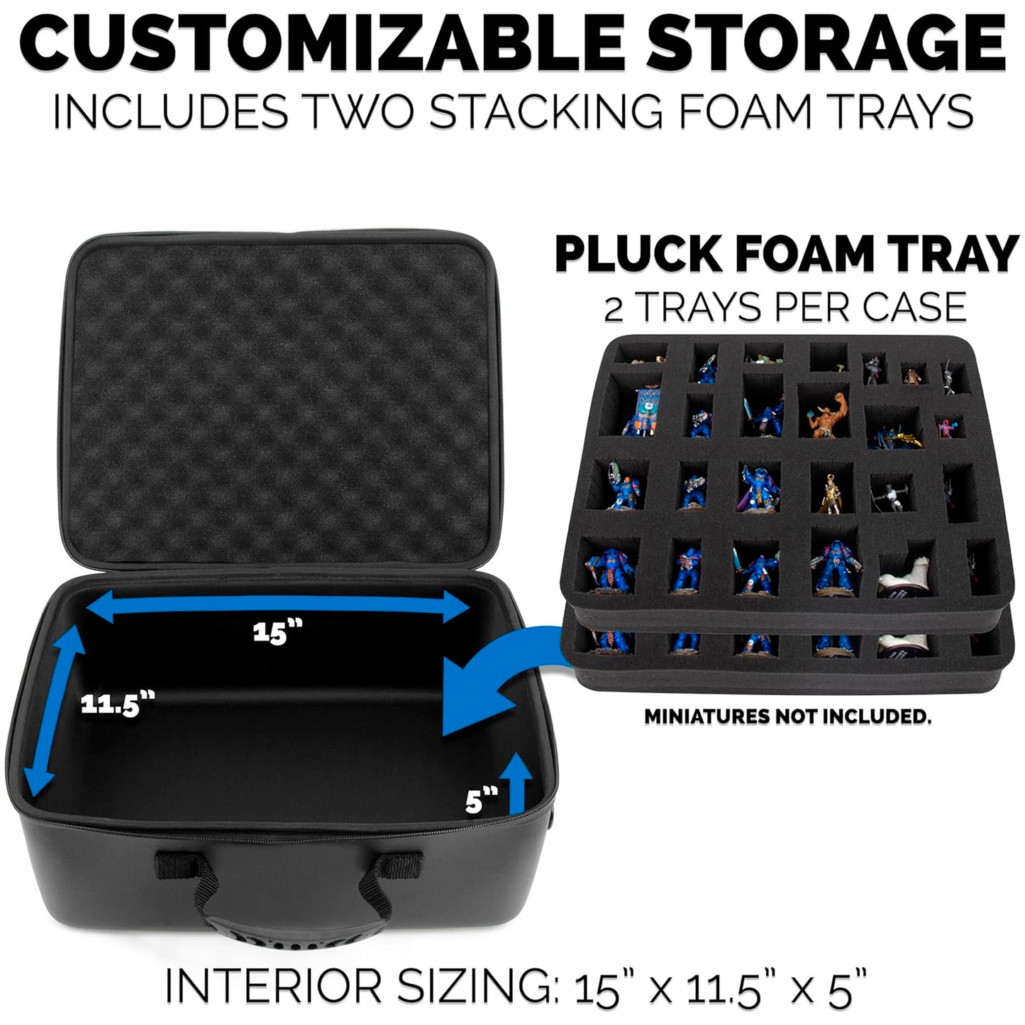 Miniature Carrying Case - Fully Customizable Miniature Storage Case with Two Pluck Foam Foam Trays For Minis, with Shoulder Strap