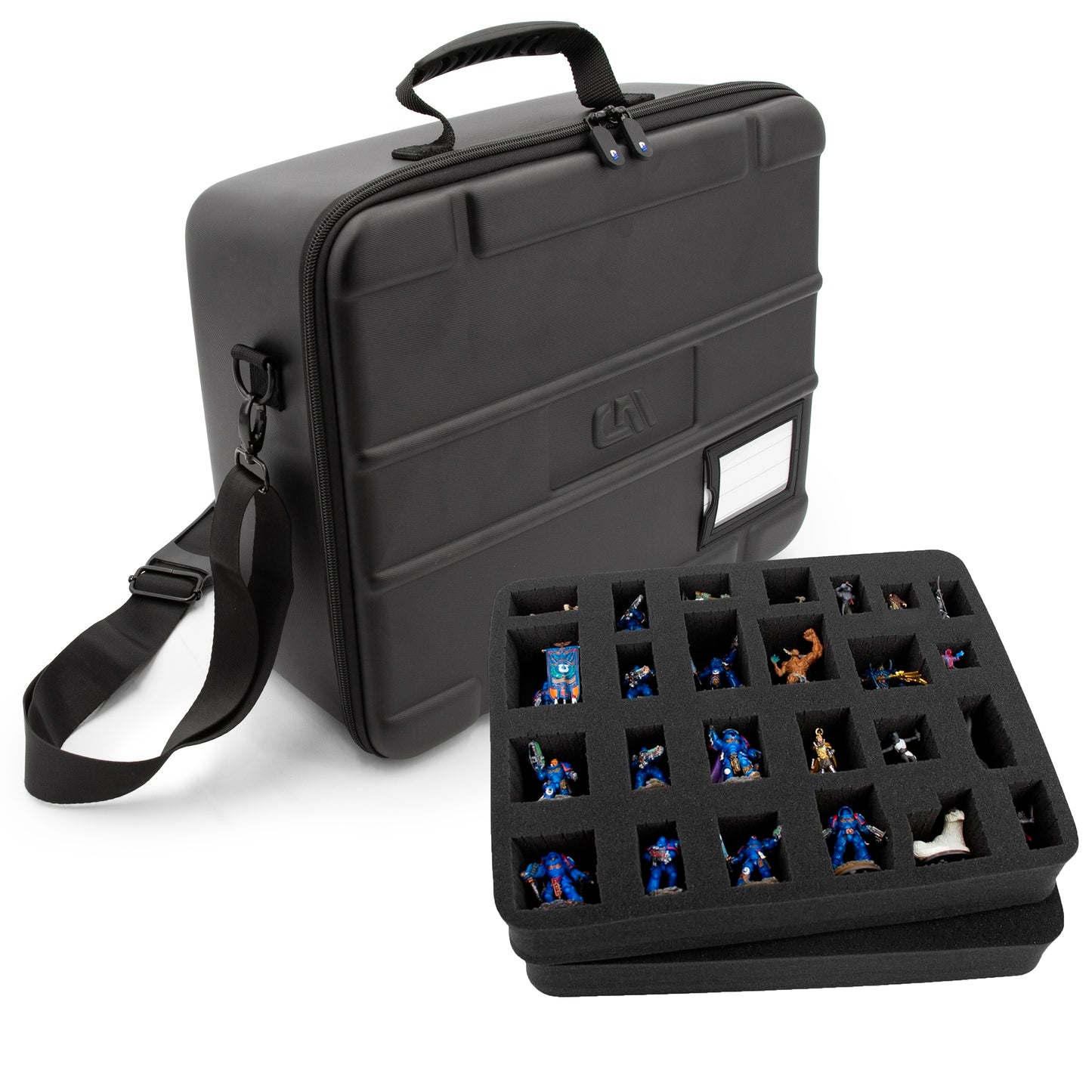 Miniature Carrying Case - Fully Customizable Miniature Storage Case with Two Pluck Foam Foam Trays For Minis, with Shoulder Strap