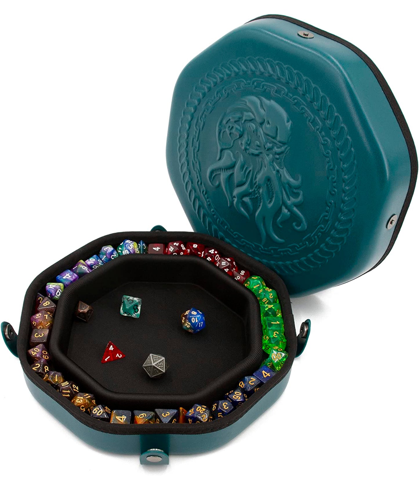 Dice Tray and Storage Case for Up to 115 RPG Dice - Dice Tray for Rolling with Magnetic Snaps, Embossed Design & Non-Scratch Interior
