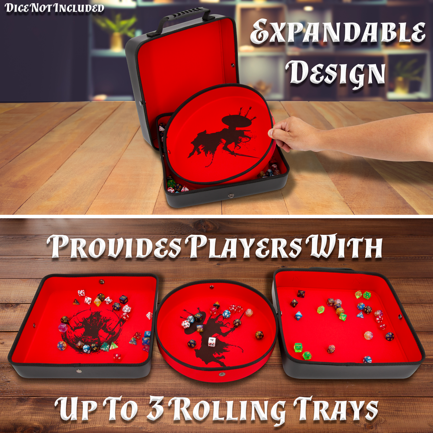 XL Dice Tray and DND Dice Holder Travel Case for Up to 700 RPG Dice, Expanding Design with 3 Dice Rolling Tray Arenas with Embossed Exterior