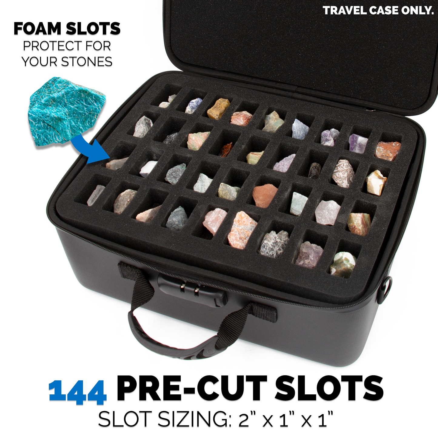 Rock Collection Travel Case with Programmable Lock - 144 Slot Rock Collection Box with Four Trays, Crystal Storage Case with Shoulder Strap