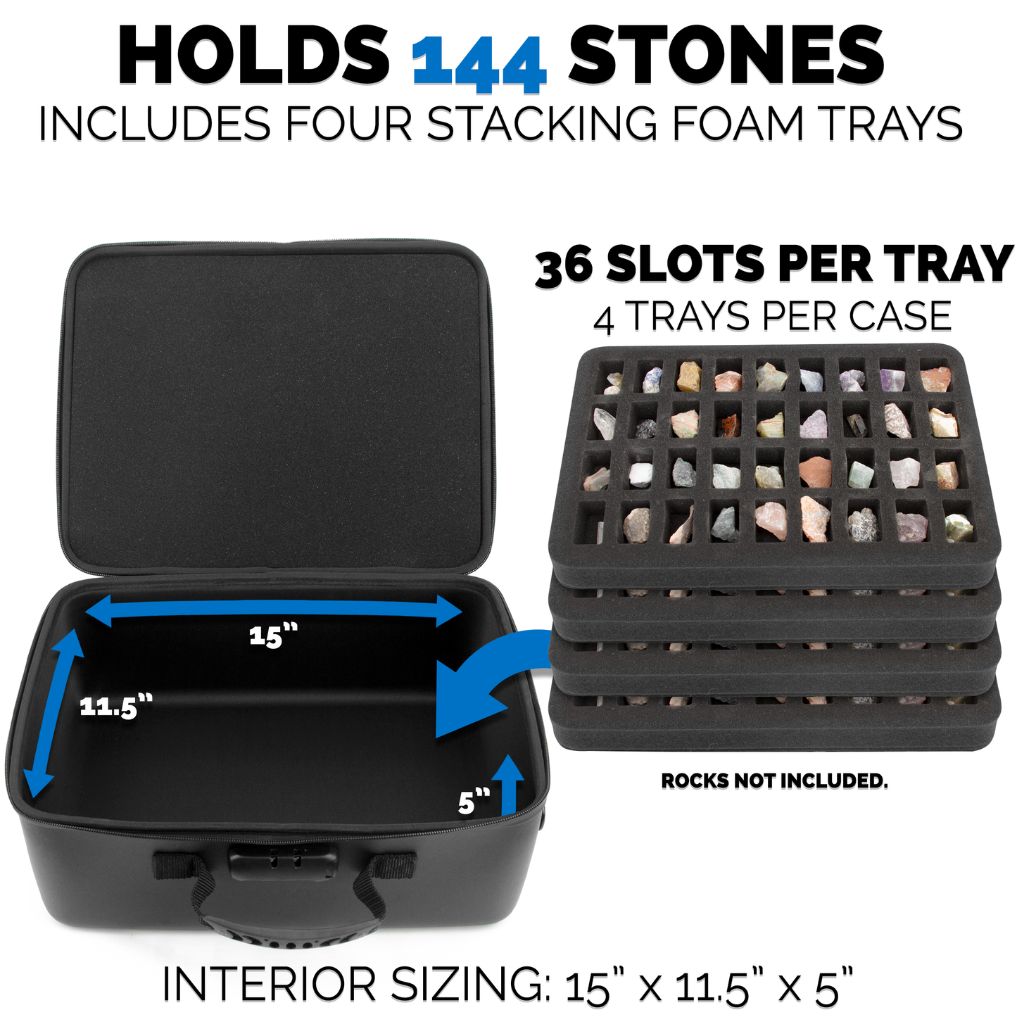 Rock Collection Travel Case with Programmable Lock - 144 Slot Rock Collection Box with Four Trays, Crystal Storage Case with Shoulder Strap