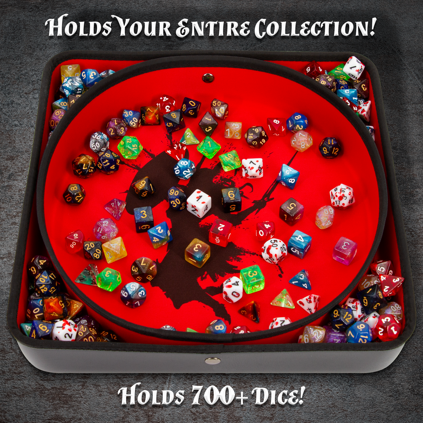 XL Dice Tray and DND Dice Holder Travel Case for Up to 700 RPG Dice, Expanding Design with 3 Dice Rolling Tray Arenas with Embossed Exterior