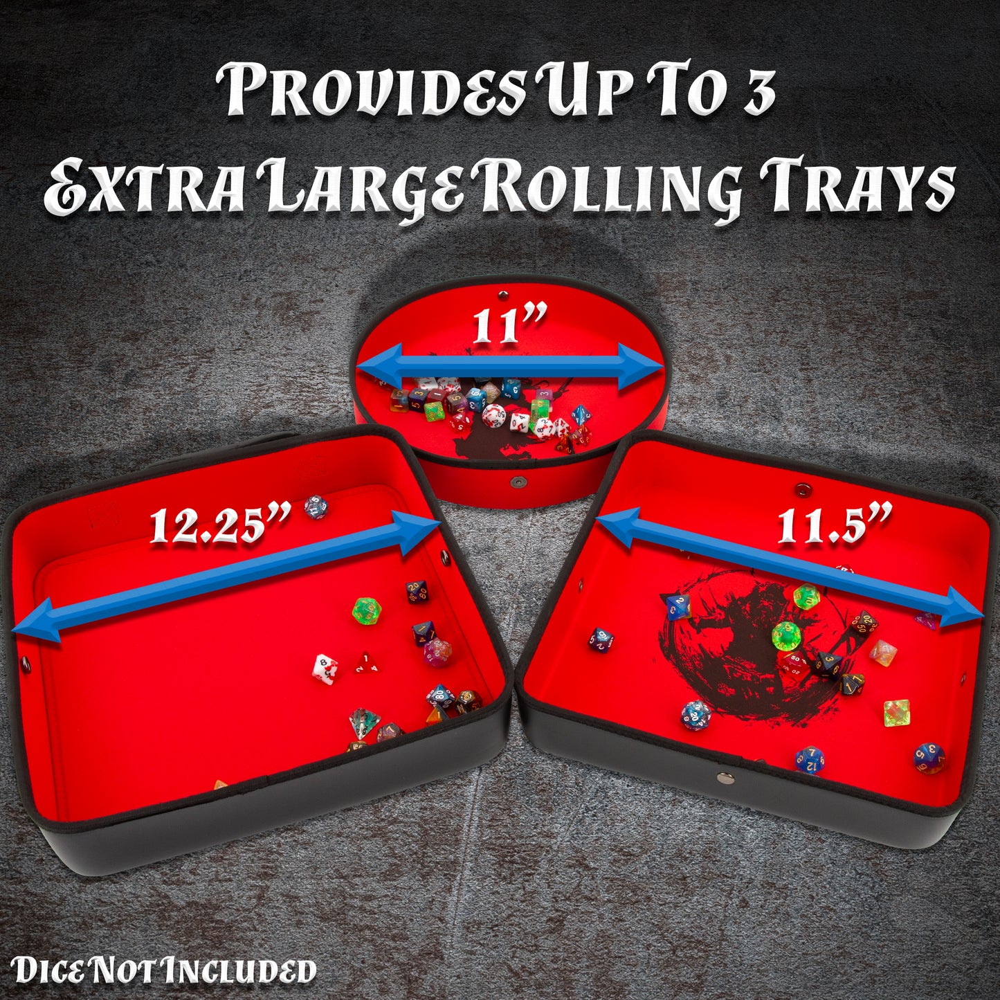 XL Dice Tray and DND Dice Holder Travel Case for Up to 700 RPG Dice, Expanding Design with 3 Dice Rolling Tray Arenas with Embossed Exterior