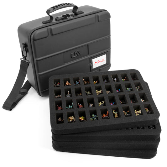 Miniature Carrying Case with Programmable Lock - 144 Slot Miniature Storage Case with Four Foam Trays For Minis, Shoulder Strap and More!
