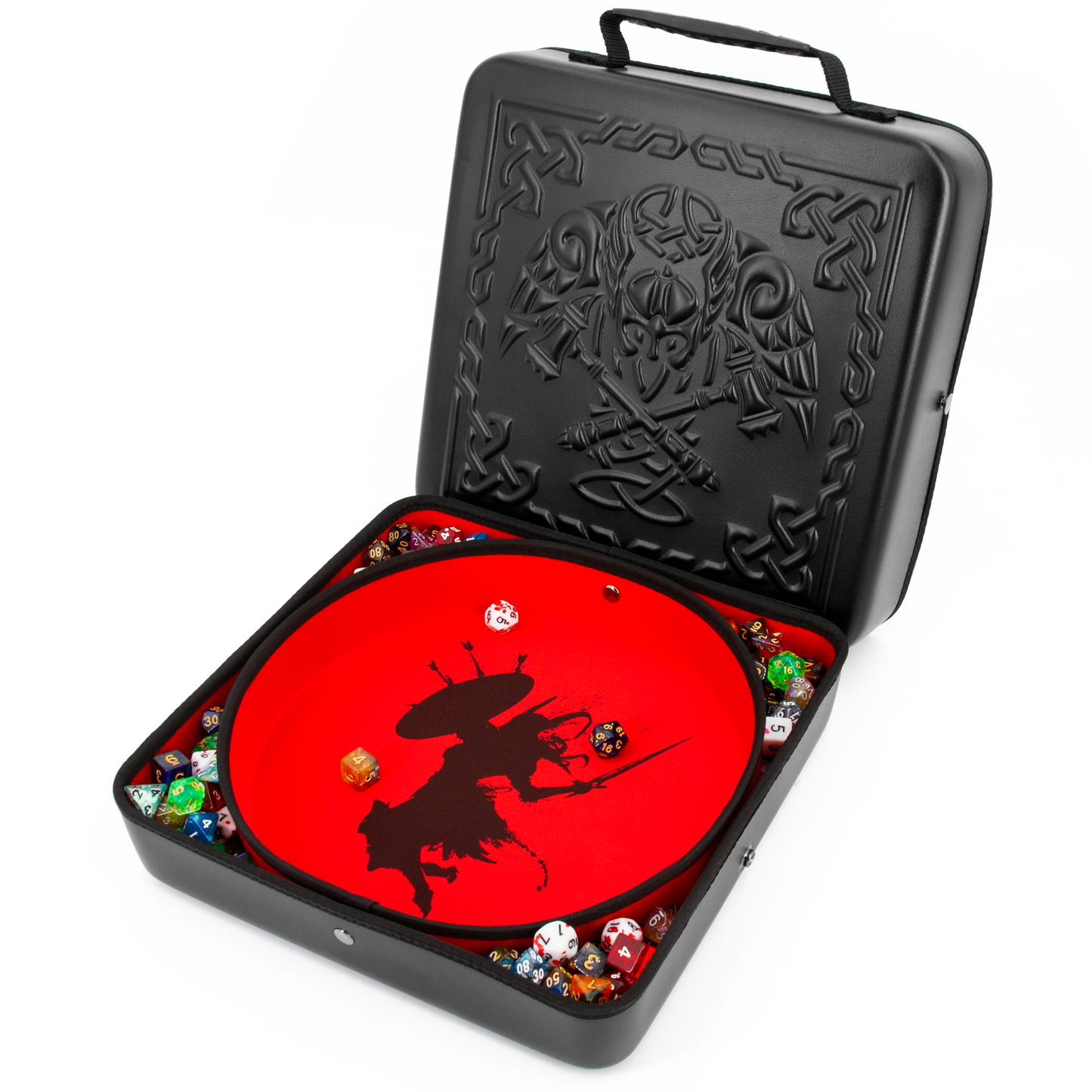 XL Dice Tray and DND Dice Holder Travel Case for Up to 700 RPG Dice, Expanding Design with 3 Dice Rolling Tray Arenas with Embossed Exterior