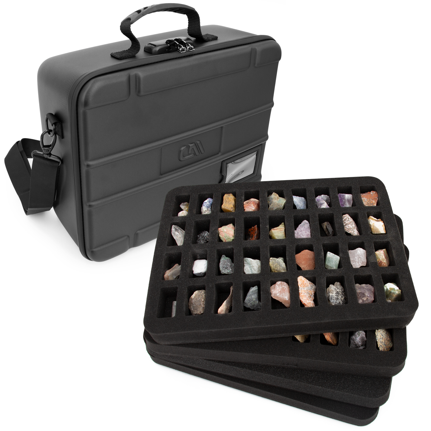 Rock Collection Travel Case with Programmable Lock - 144 Slot Rock Collection Box with Four Trays, Crystal Storage Case with Shoulder Strap
