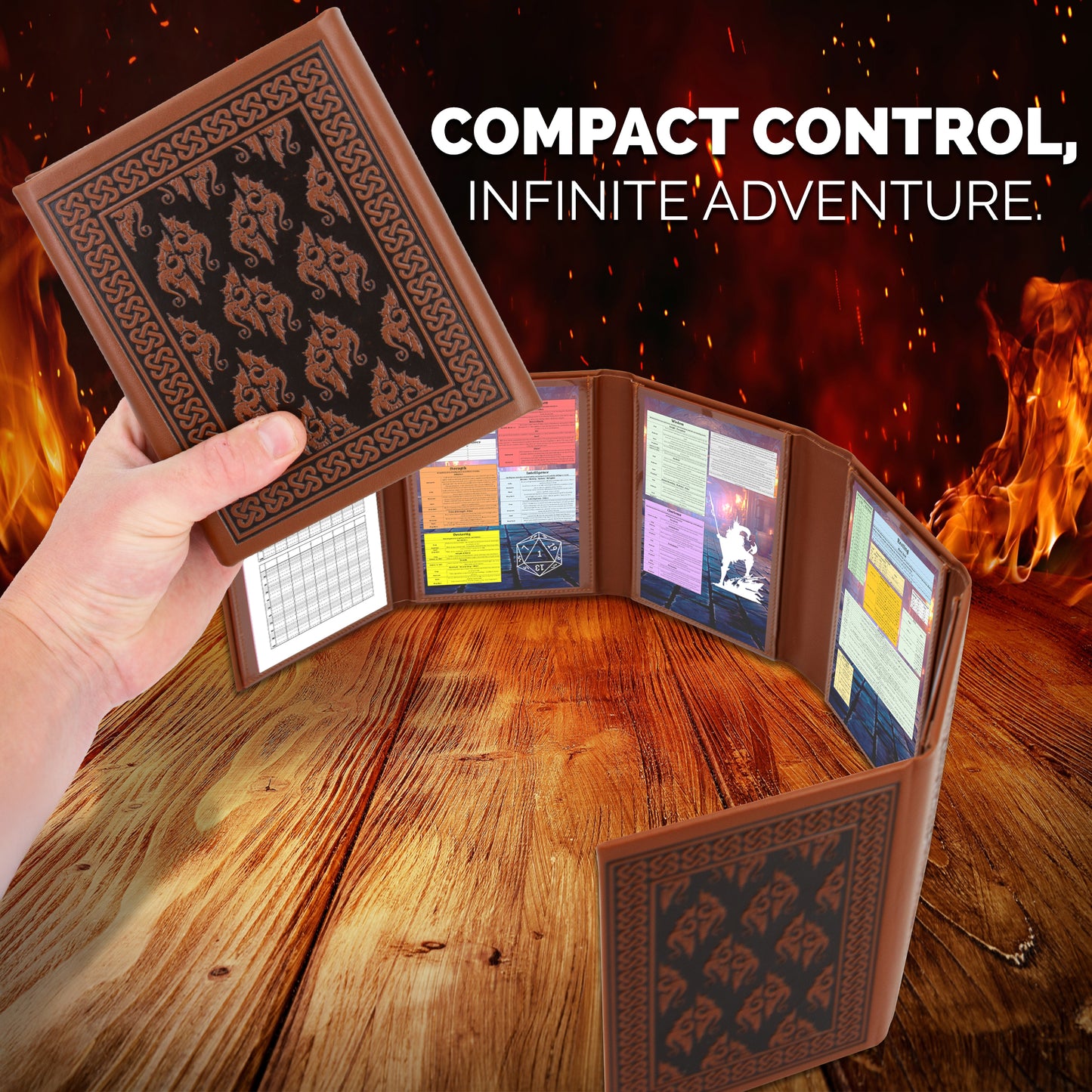 Miniature 6-Panel DM Screen – Compact Faux Leather Dungeon Master Screen for DND & TTRPG, Brown Tabletop RPG Screen for Better Player Connection