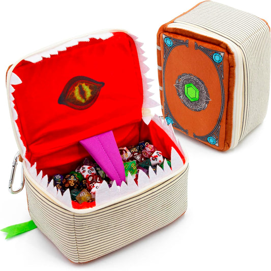 Mimic Tome Dice Chest and Dice Case with 7 Included RPG Dice - Plush Dice Bag with Zipper Closure and Carabiner for 250 DnD Tabletop Dice
