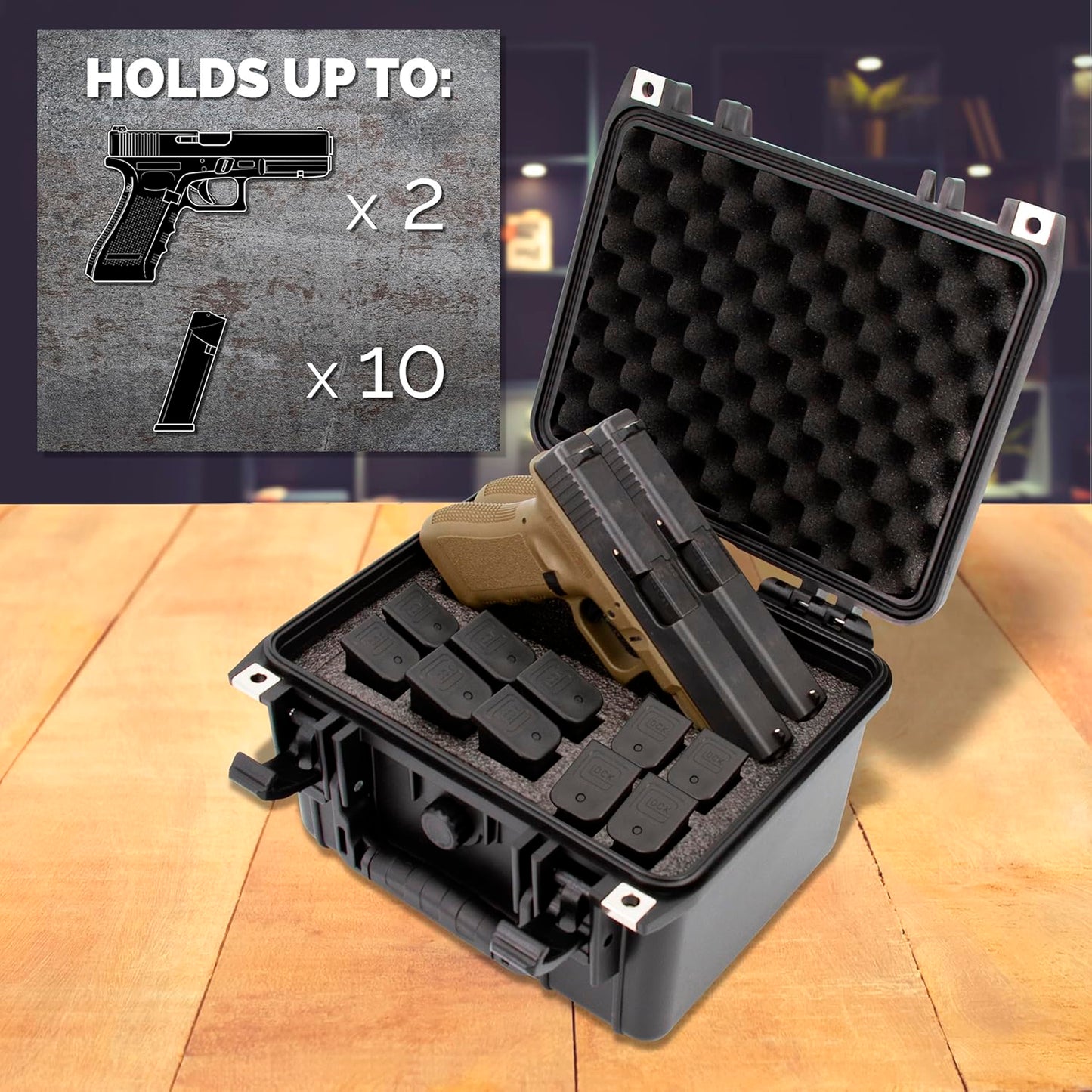 10" Two Gun Hard Case for Handguns & Pistol Magazine Storage - TSA Approved Waterproof with Removable Accessory Area & Oil-Resistant Foam