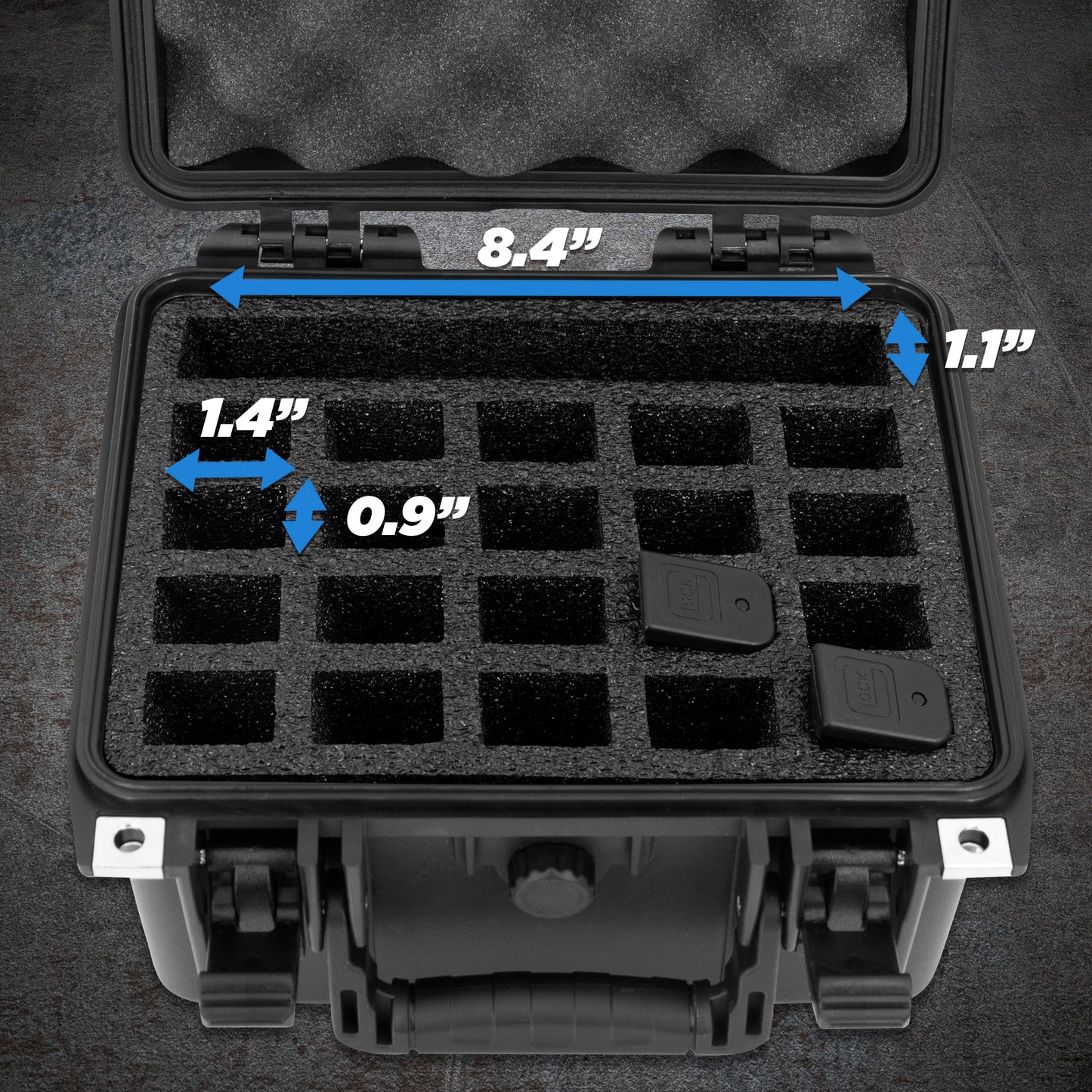 25 Pistol Magazine Storage Case or 20 Magazine & 1 Pistol Case - Waterproof Gun Magazine Storage for 25 9mm Magazines - Case Only