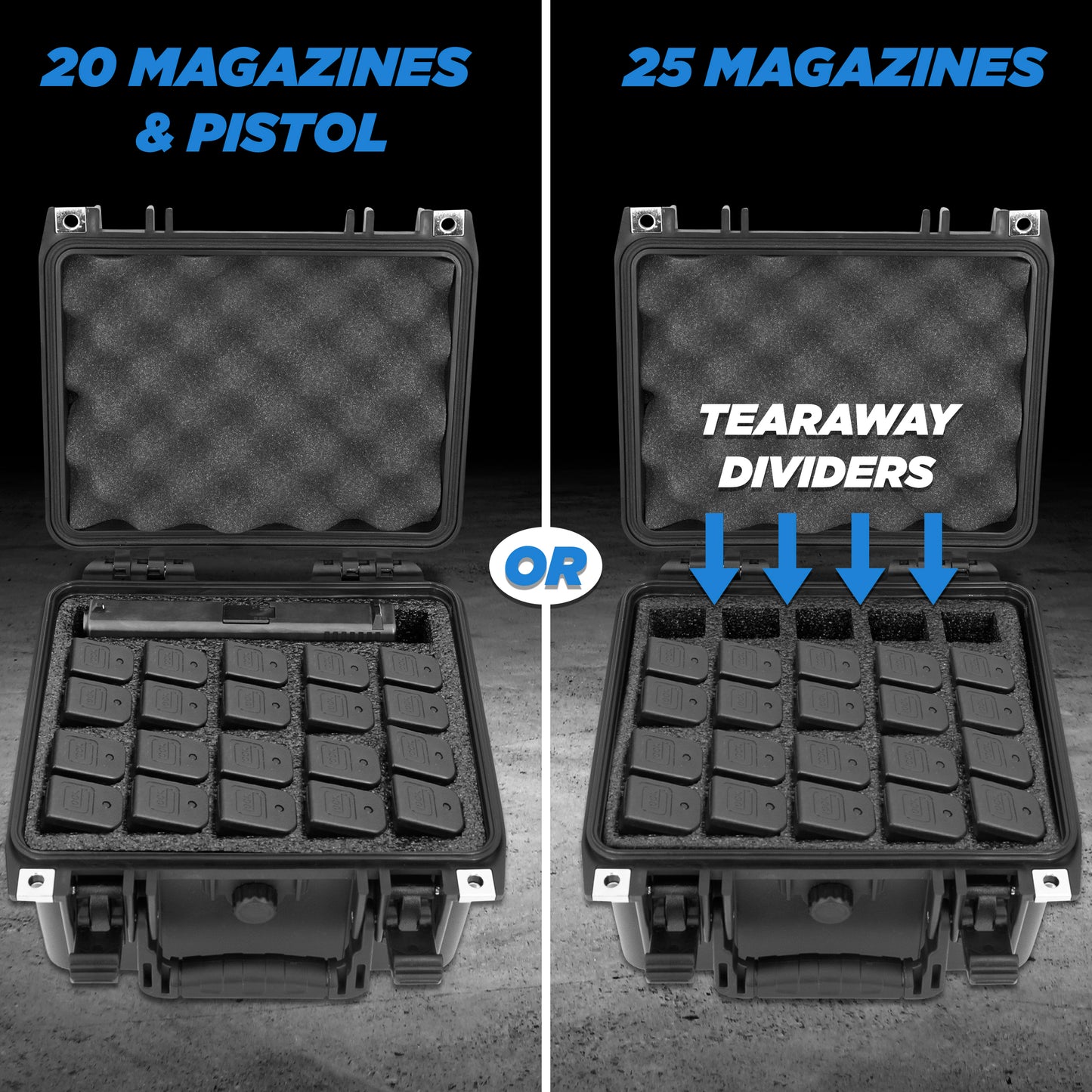 25 Pistol Magazine Storage Case or 20 Magazine & 1 Pistol Case - Waterproof Gun Magazine Storage for 25 9mm Magazines - Case Only