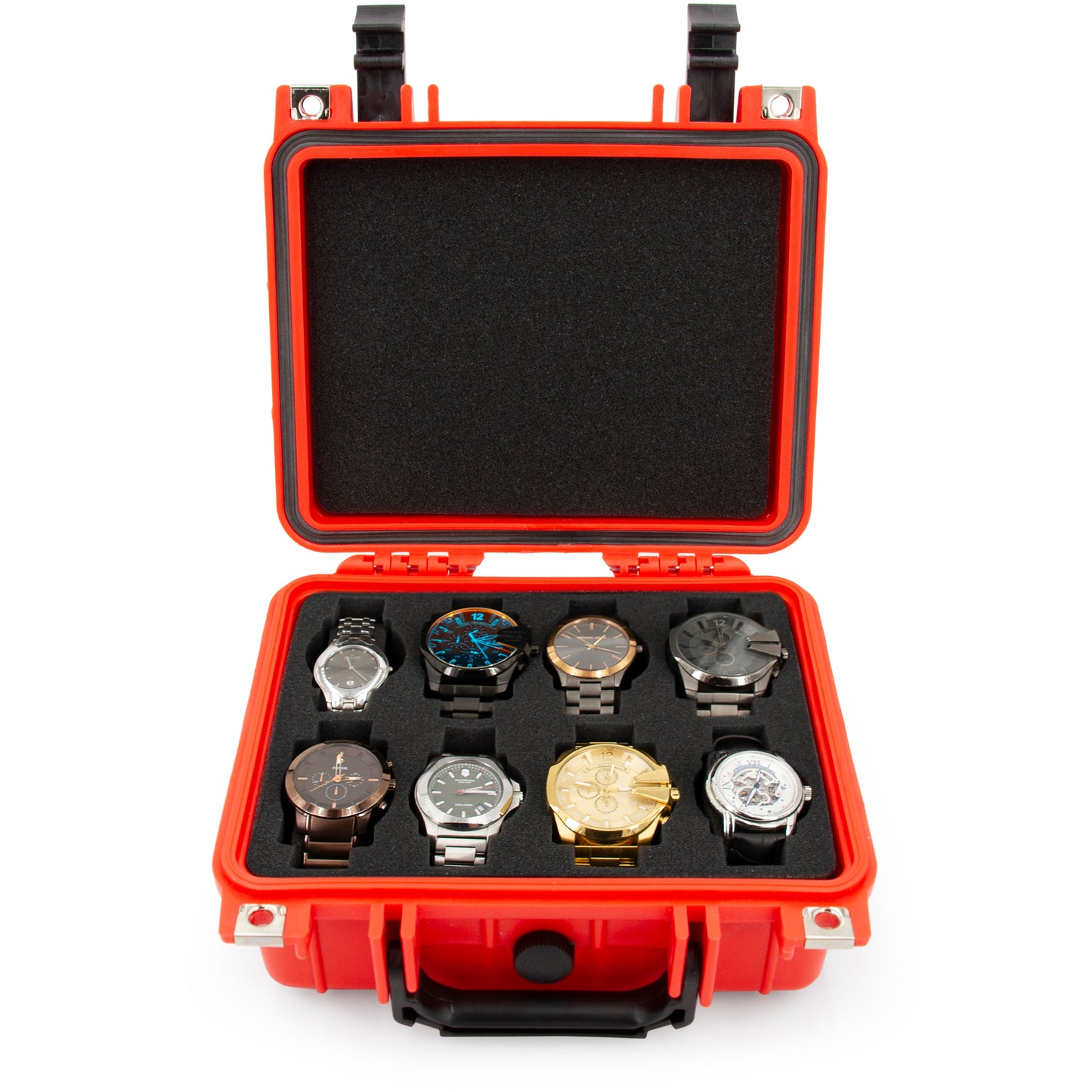 CASEMATIX Watch Travel Case With 8 Watch Roll Holders Included - Waterproof Watch Case With Foam Watch Box Display Tray, Fits 24mm to 56mm Faces, Red