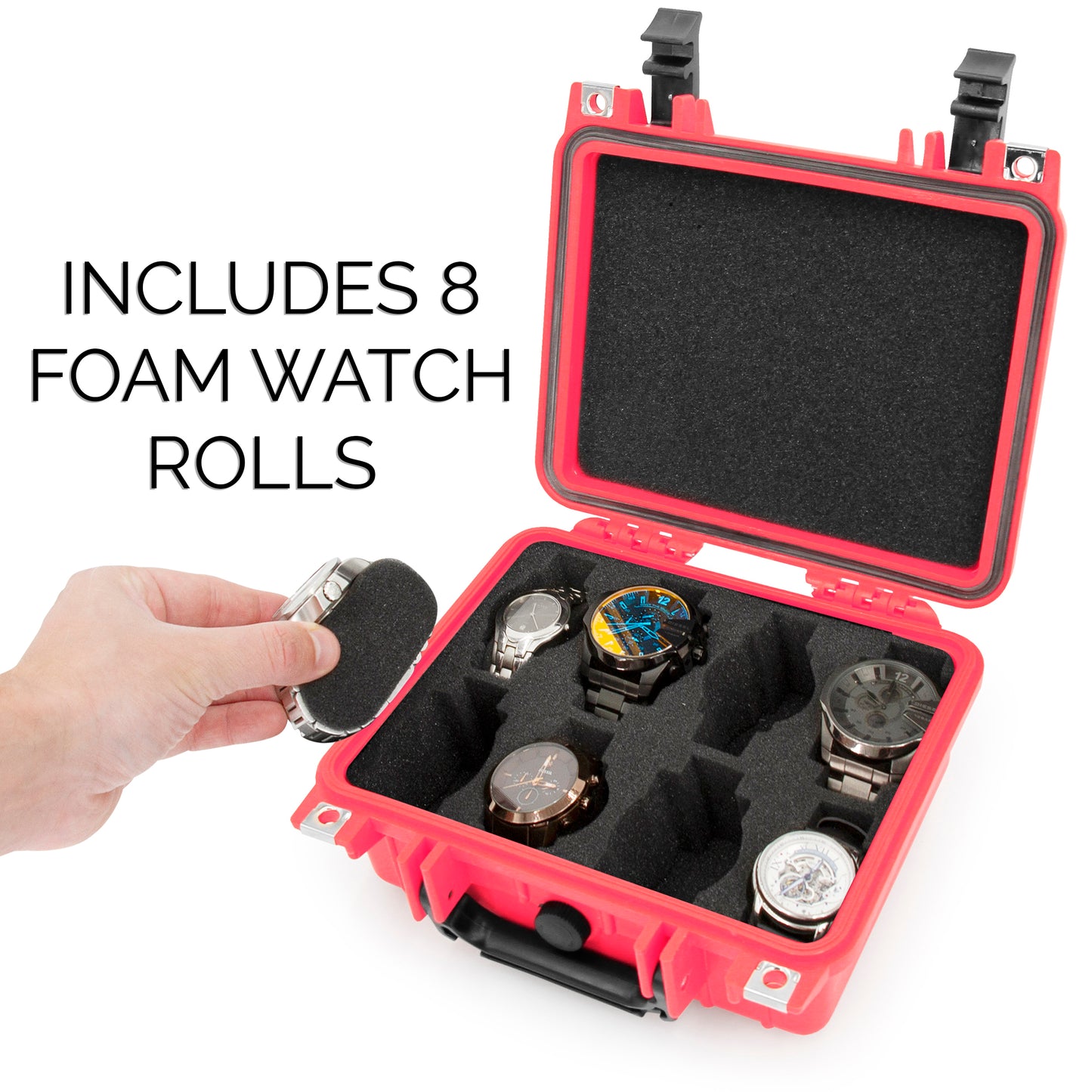 CASEMATIX Watch Travel Case With 8 Watch Roll Holders Included - Waterproof Watch Case With Foam Watch Box Display Tray, Fits 24mm to 56mm Faces, Red