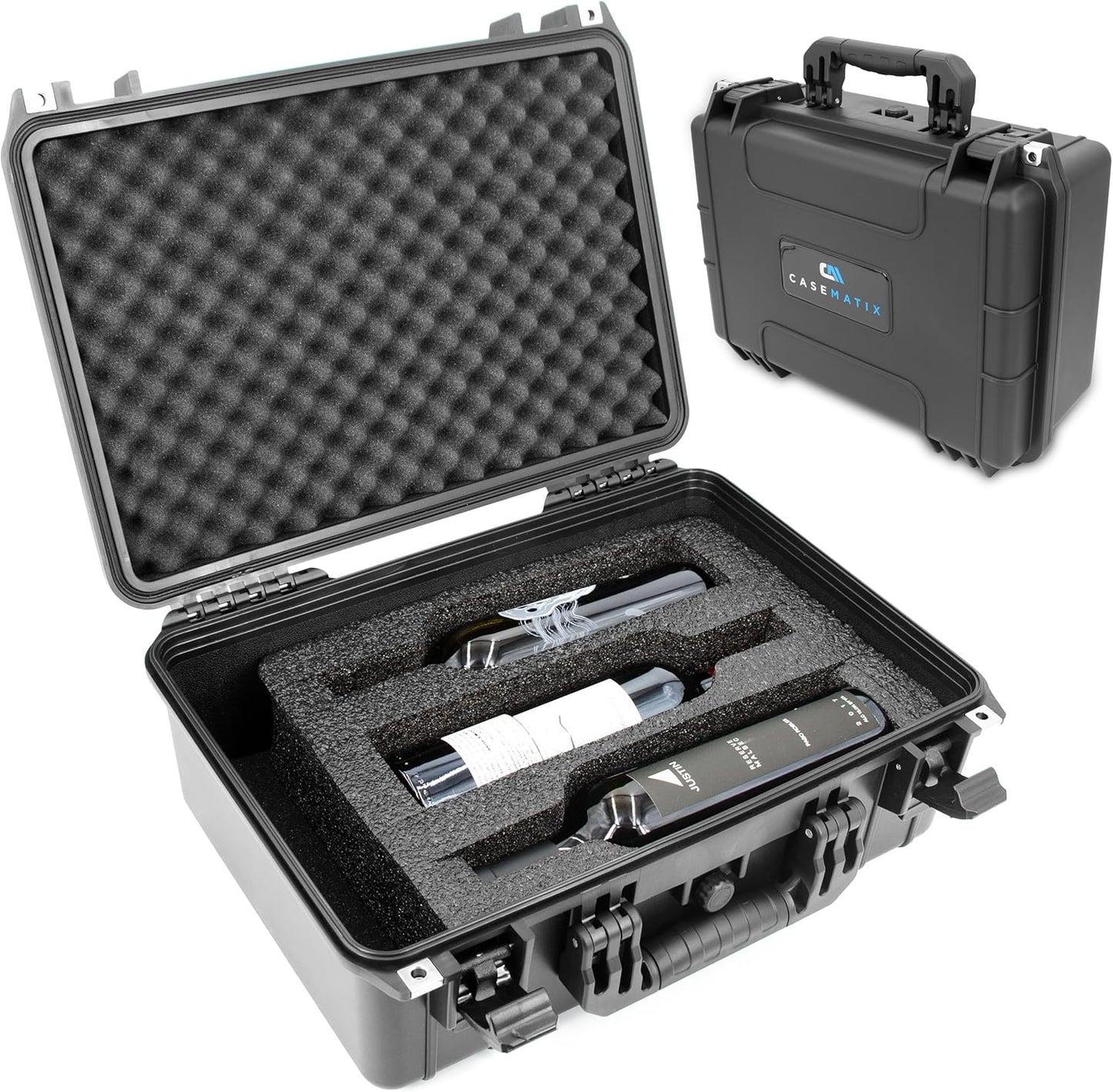Hard Shell Wine Suitcase for 3 Bottles - Waterproof Wine Luggage with Shock-Absorbing Foam, Removable Spacers & Accessory Storage Compartment