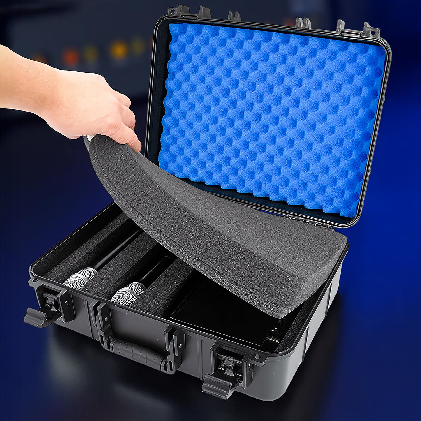 Wireless Microphone Case – Holds 12 Mics, Customizable Diced Foam, Hard Shell, Fits Shure, Sennheiser, AKG, Audio Technica Systems