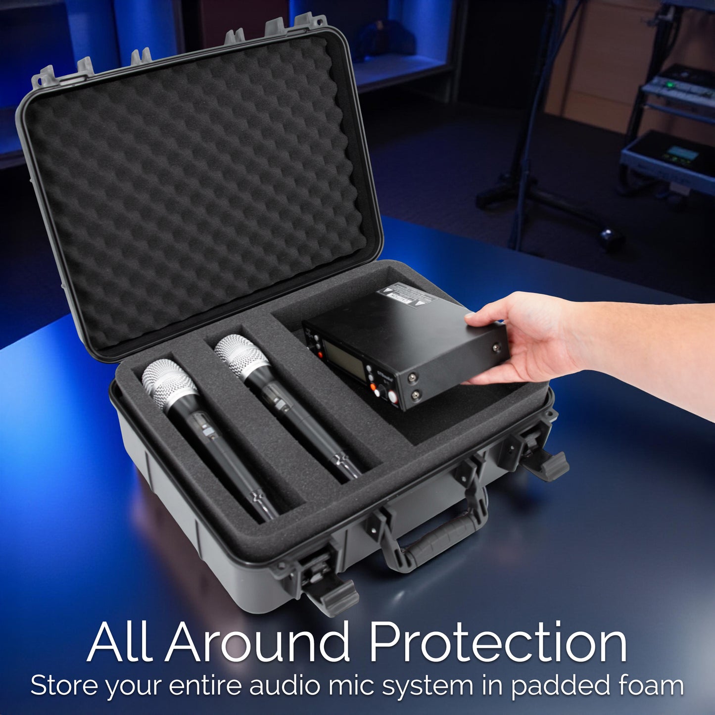 Hard Shell Wireless Microphone Case – Compatible with Shure & Sennheiser Mics, Receivers, Transmitters, Bodypacks, Cables, Custom Foam Travel Case