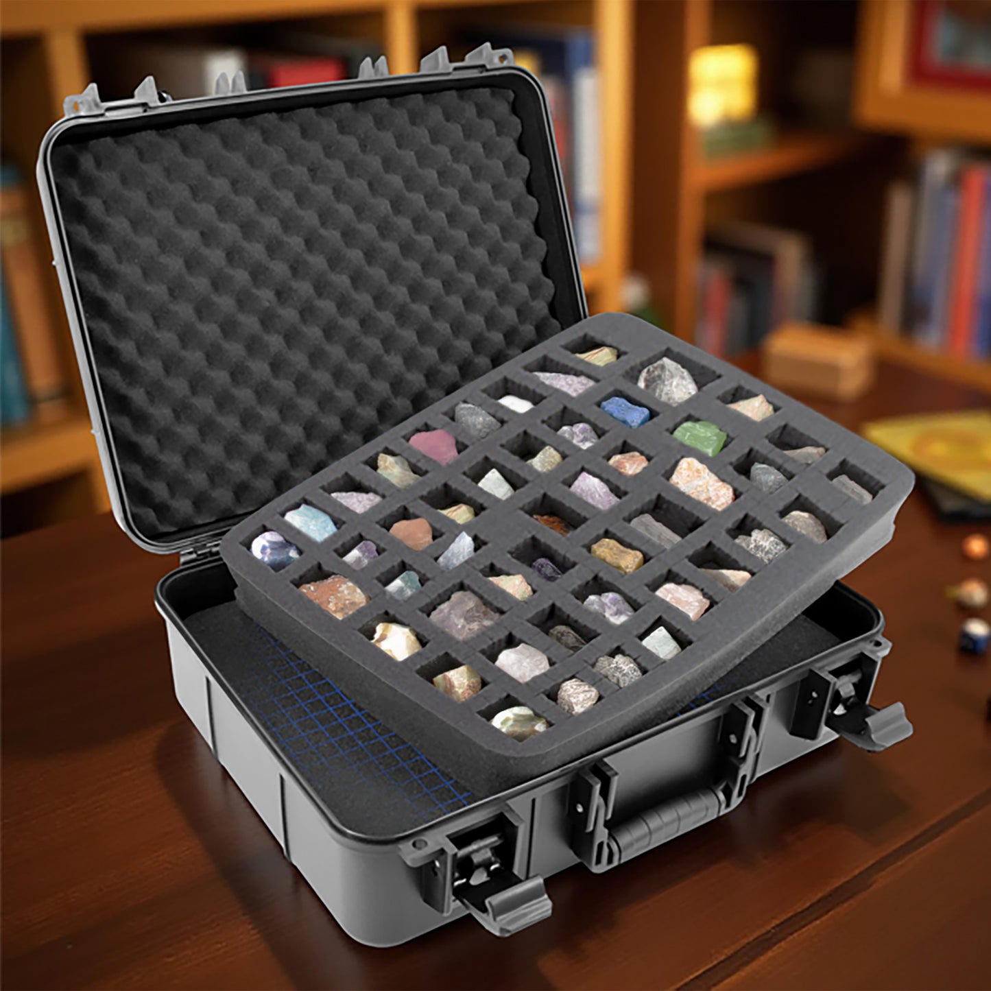 CASEMATIX Hard Shell Crystal Storage Case with 80 Slot Foam, Customizable Layer for Large Gems, Minerals, Geodes, Specimens & Healing Tool Organizer