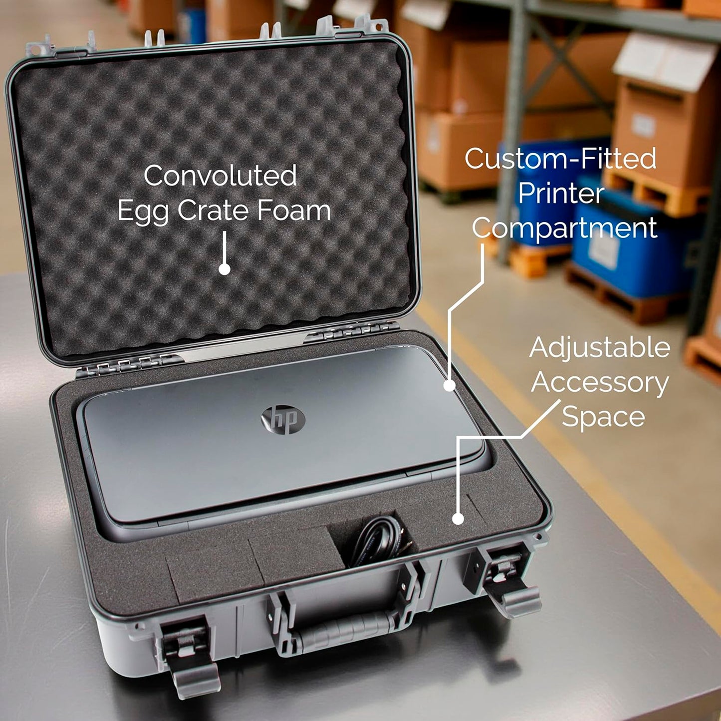Portable Printer Case for HP OfficeJet 250 – Hard Shell with Custom Foam, Ink & Cable Storage, Carry Handle, Padlock Rings – Case Only