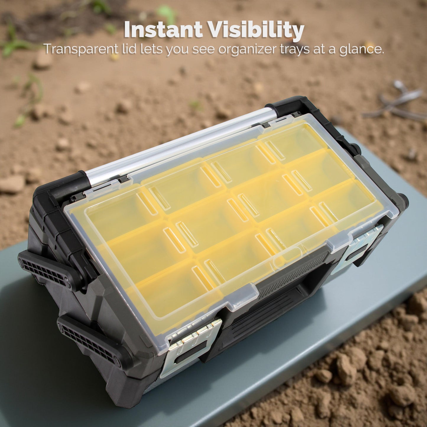 Ammo Storage Box – Two-Tier Expandable Ammo Case with Folding Handle & Clear Lid, Removable Trays, Large-Capacity Ammo Organizer for Loose Ammunition