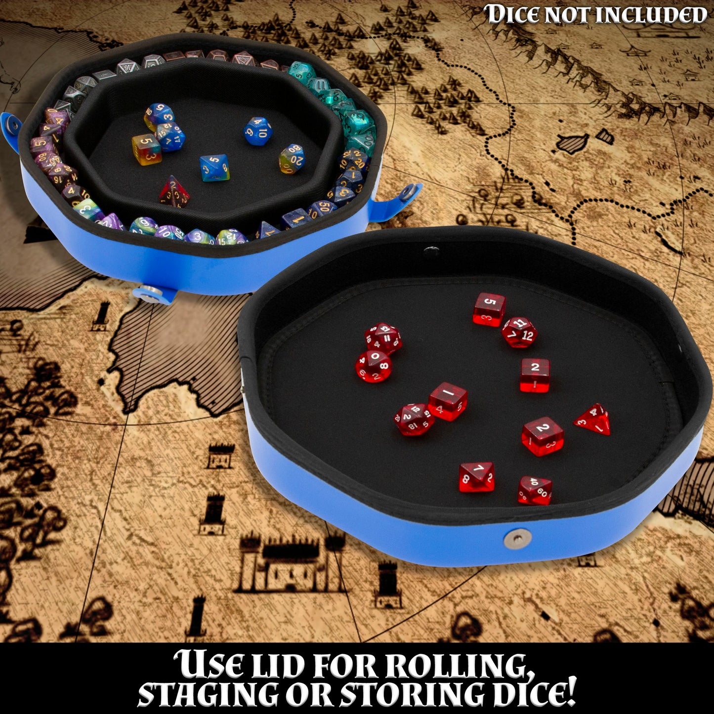 Dice Tray and Storage Case for Up to 115 RPG Dice - Dice Tray for Rolling with Magnetic Snaps, Embossed Design & Non-Scratch Interior