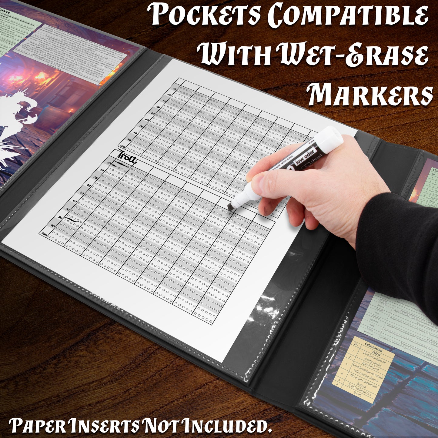 Faux Leather 4-Panel DM Screen – Embossed Folding GM Screen with Wet-Erase Pockets for Tabletop RPGs – Black or Brown (Inserts Not Included)