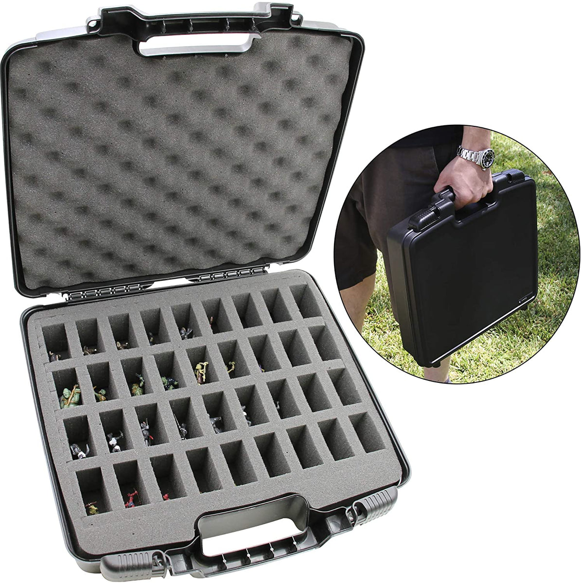 CASEMATIX Miniature Carrying Case with Programmable Lock - 144 Slot  Miniature Storage Case with Four Foam Trays For Minis, Shoulder Strap and  More!