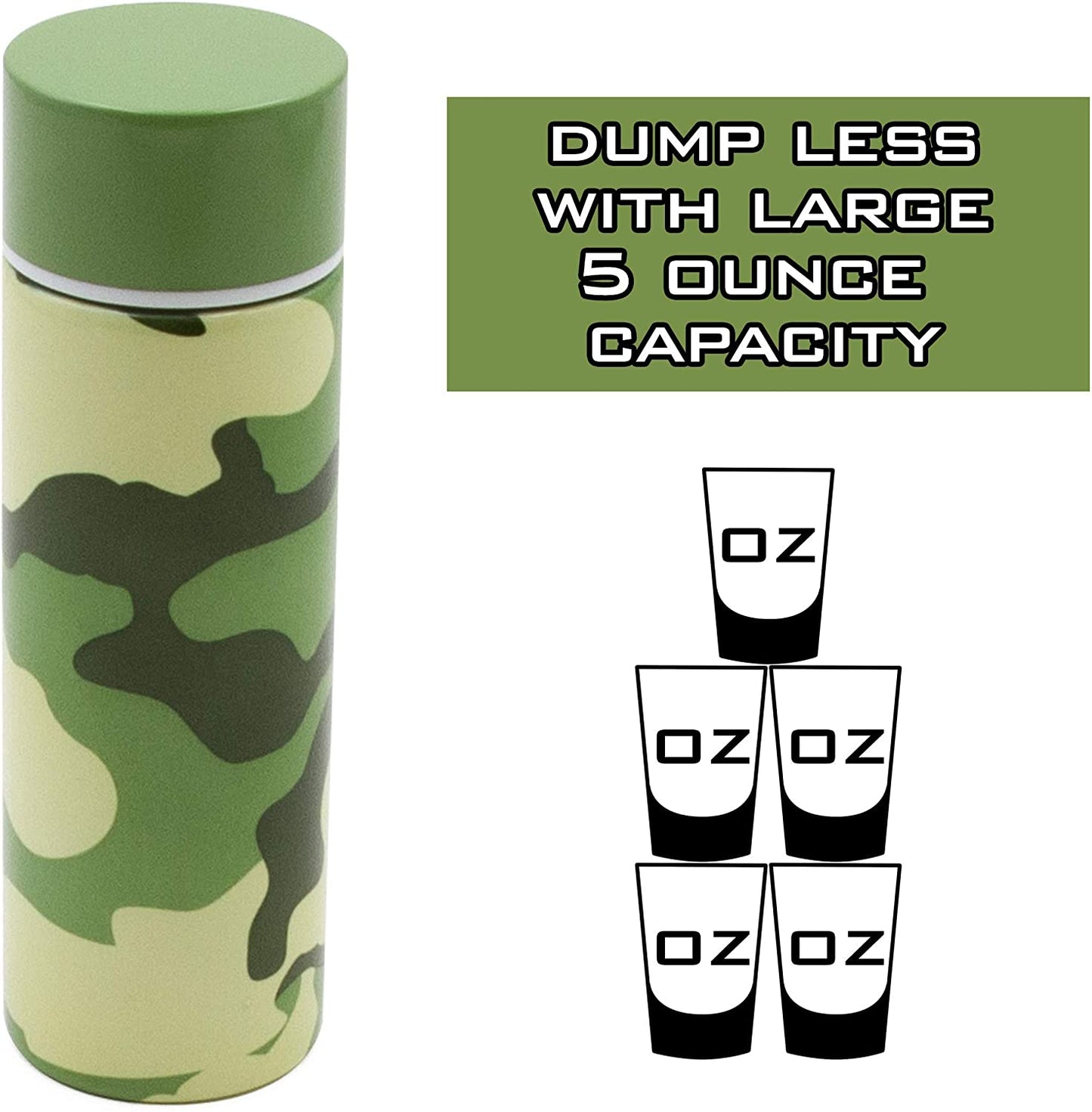 5oz Stainless Steel Pocket Spittoon – Camo Travel Spit Cup for Chew, Wide Mouth, Reusable with Cleaning Brush – Portable Spit Bottle for Car