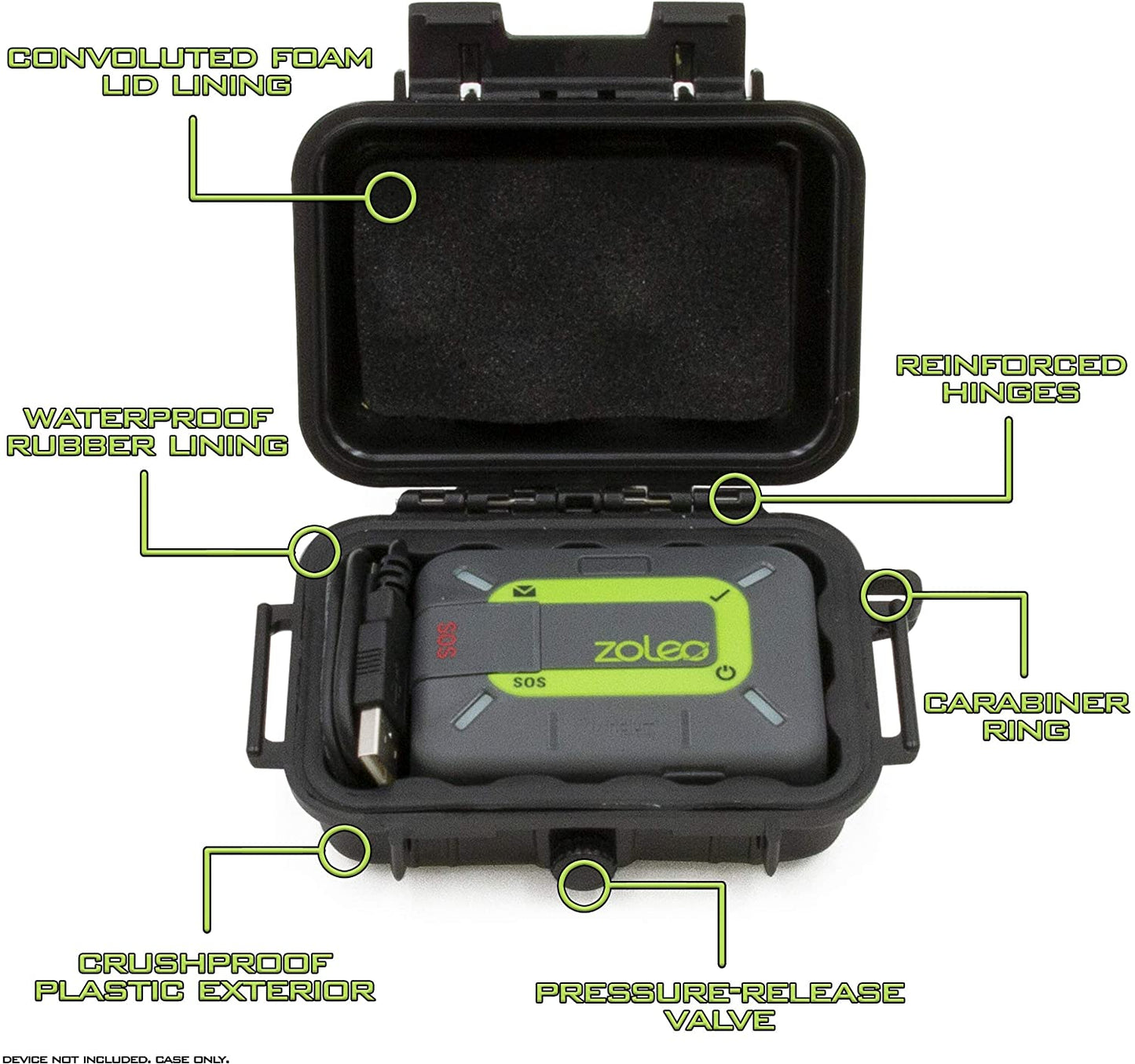 Crushproof & Waterproof Hard Shell Travel Case Compatible with ZOLEO Satellite Communicator, Charging Cable and Carabiner