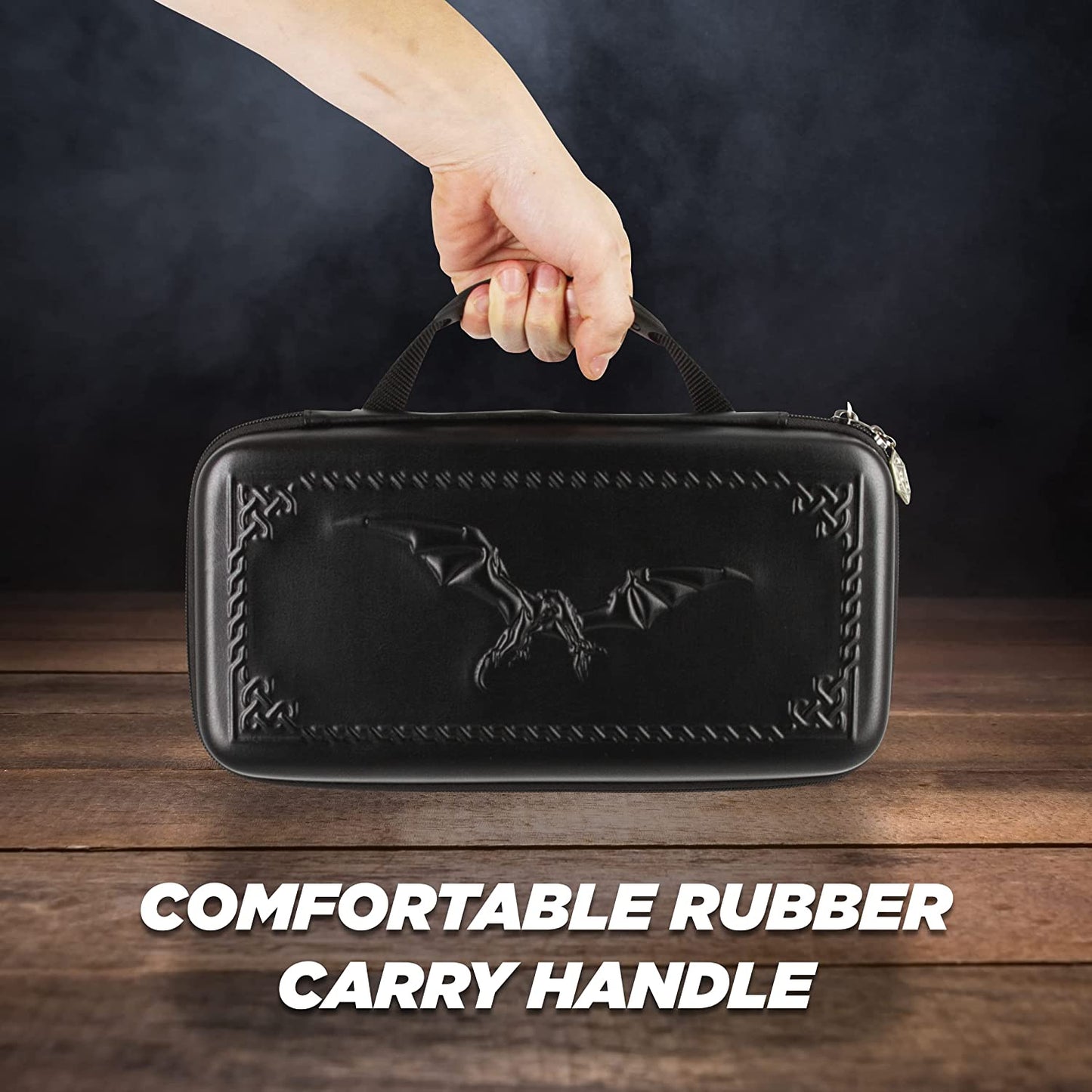 Dice Box and Card Case for 9 Sets of RPG Dice, Spell Cards, Counters and Other Accessories - Dice Holder with Embossed Dragon Design