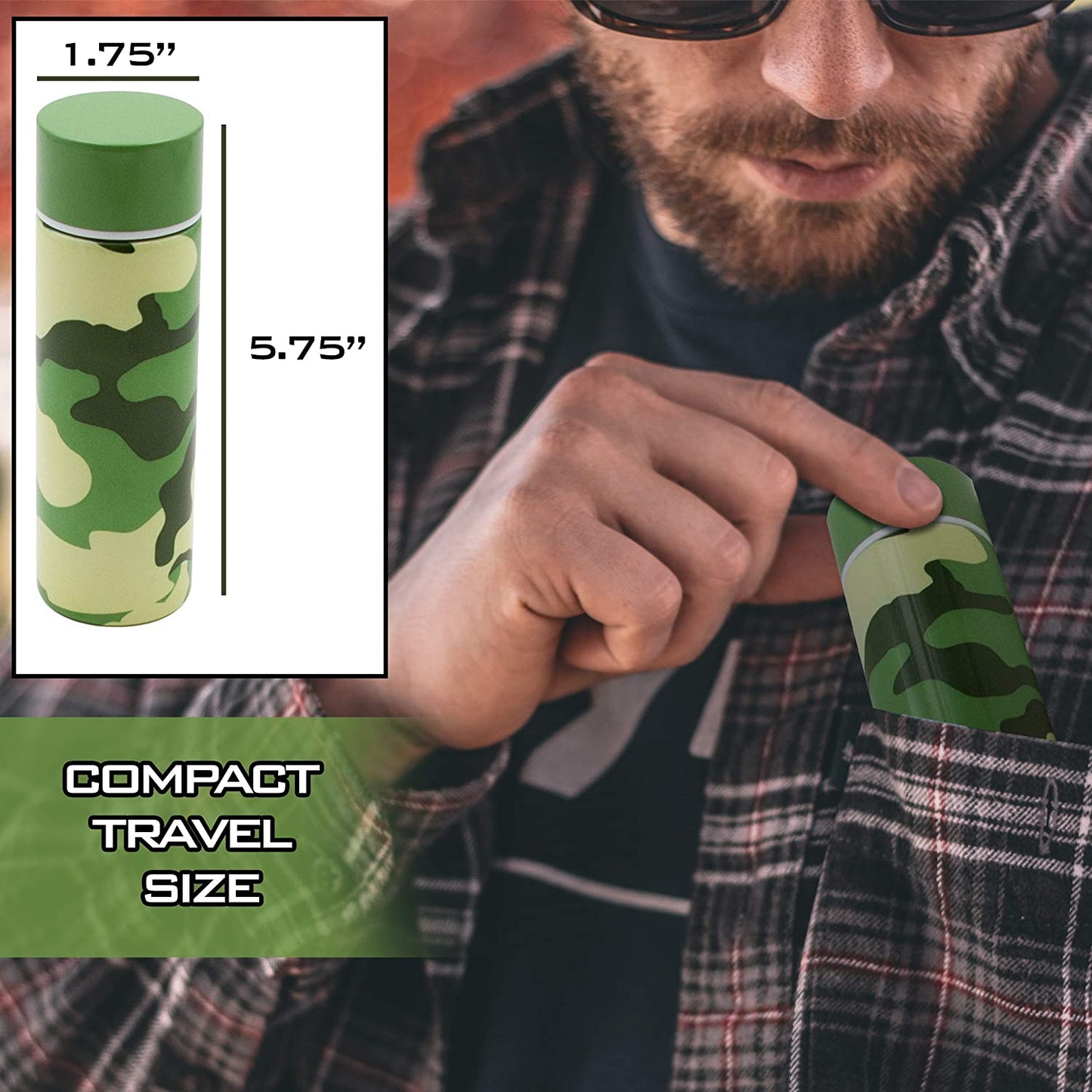 5oz Stainless Steel Pocket Spittoon – Camo Travel Spit Cup for Chew, Wide Mouth, Reusable with Cleaning Brush – Portable Spit Bottle for Car