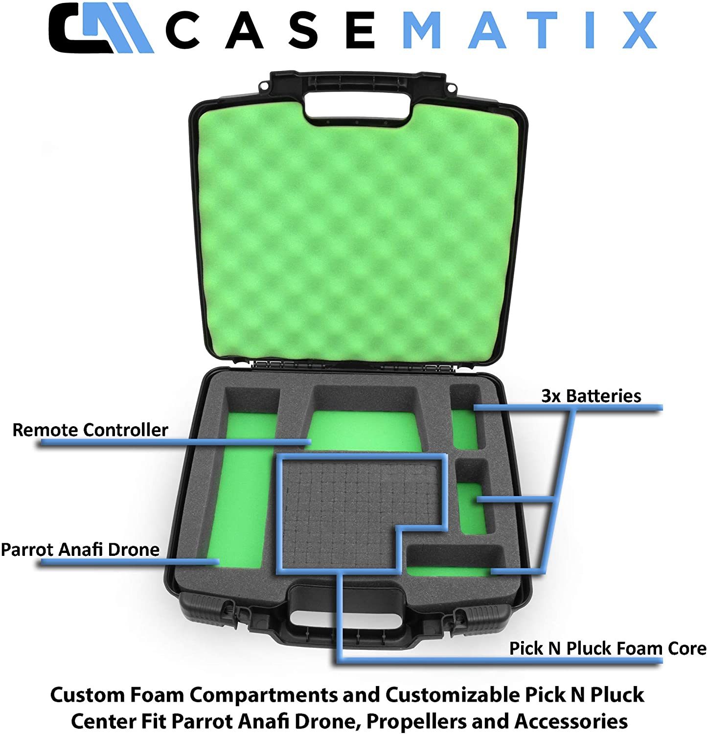 Quadcopter Carrying Case Compatible with Parrot Anafi 4K HDR Drone - Custom 6-Compartment Foam Storage with Tri-Layer Protection - Made in USA