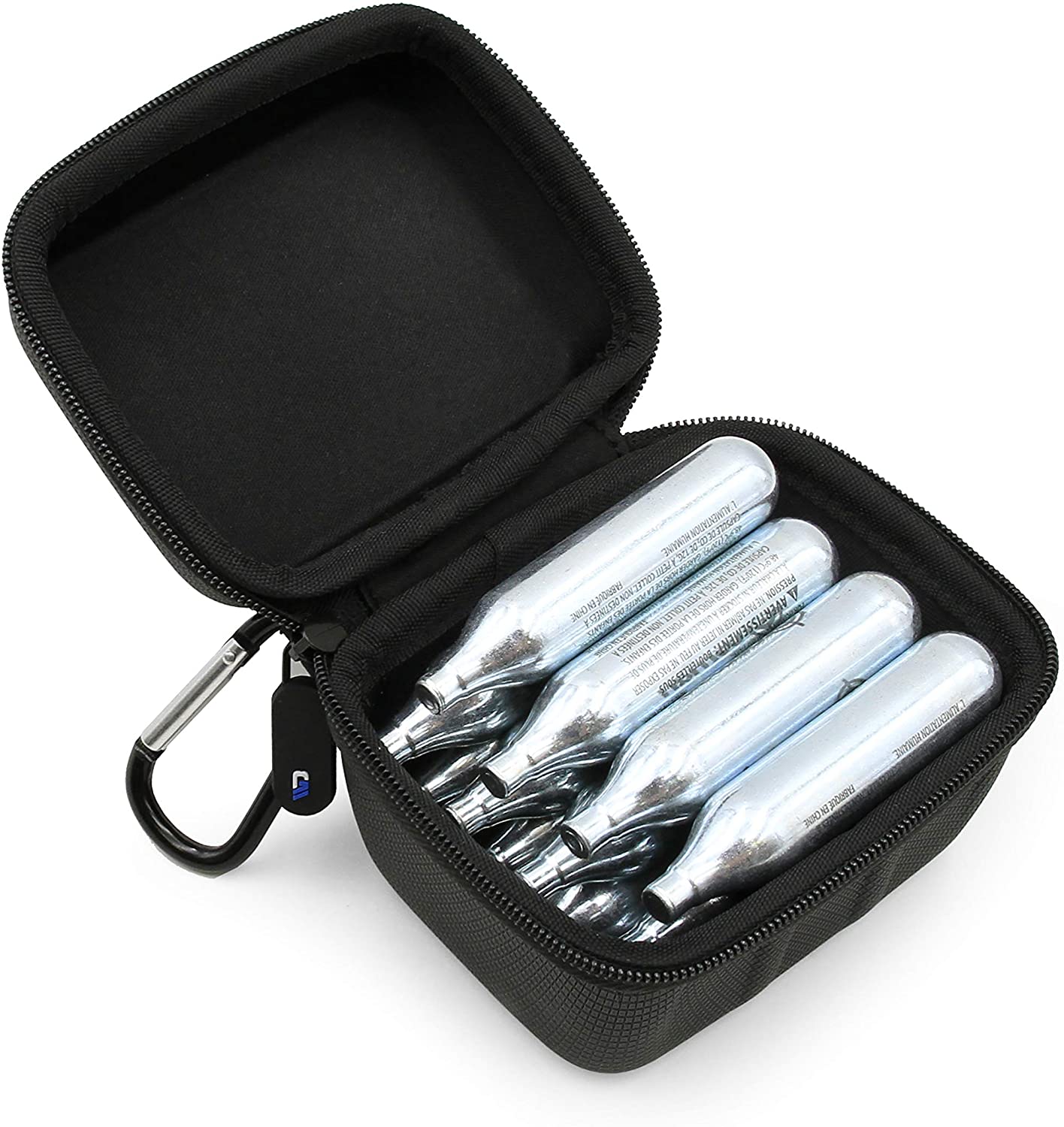 CO2 Cartridge Case Compatible with 16x 12g/8g/16g Cartridges - Hard Shell EVA Protection with Metal Carabiner - for BB Gun and Airsoft Pistols