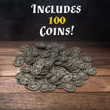 CASEMATIX Metal Coins and Carrying Pouch for Tabletop RPG Board Games - 100 Count DND Coins Fantasy Coins with Dragons & Sword and Shield Engraving