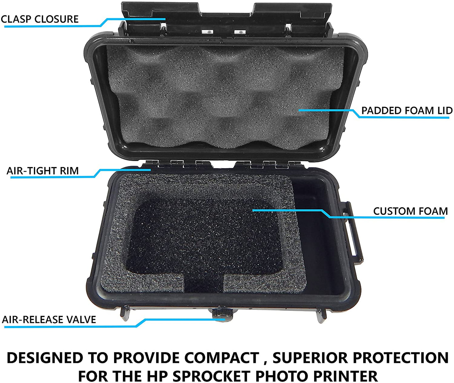 Waterproof Case for HP Sprocket Photo Printer - Crushproof Protection with Airtight Seal, Silicone Base & Foam Compartments - Case Only