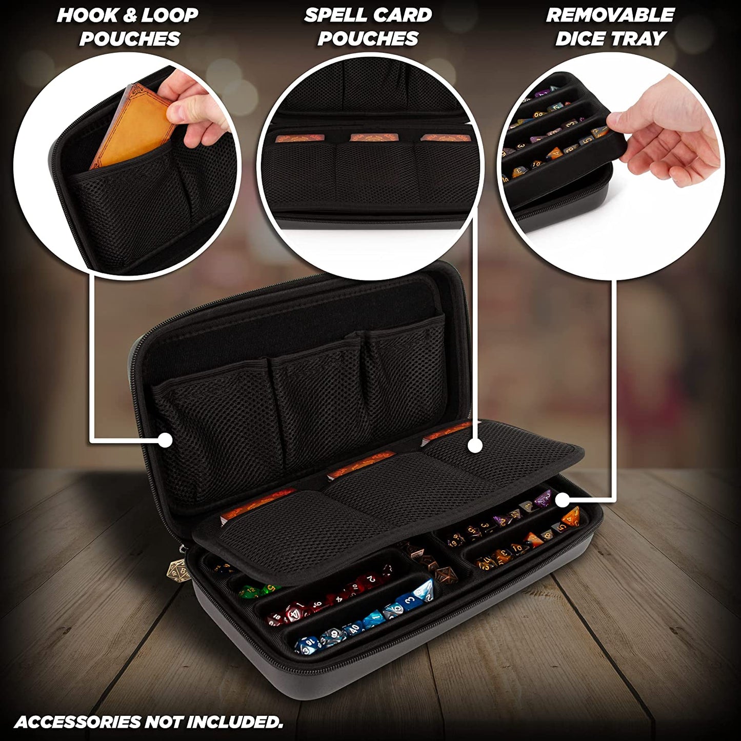 Dice Box and Card Case for 9 Sets of RPG Dice, Spell Cards, Counters and Other Accessories - Dice Holder with Embossed Dragon Design