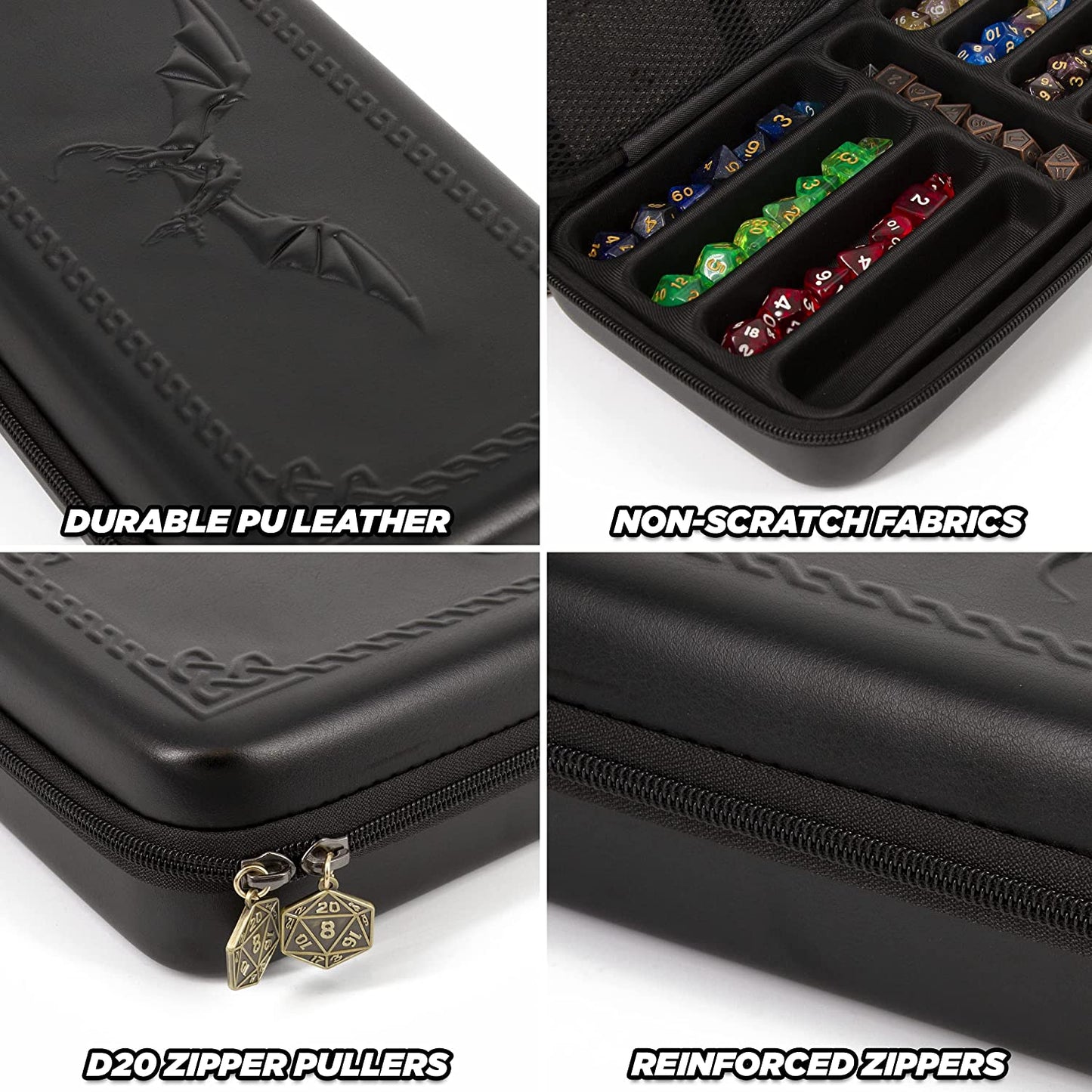 Dice Box and Card Case for 9 Sets of RPG Dice, Spell Cards, Counters and Other Accessories - Dice Holder with Embossed Dragon Design