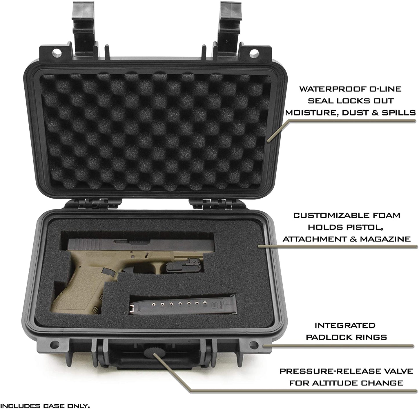 12" Hard Gun Case - Waterproof Shockproof Pistol Case with Customizable Foam Interior for 9mm Handgun & Accessories Storage