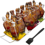 CASEMATIX Chicken Leg Rack and Chicken Wings Grill Rack with 14 Slots, Drip Tray and Basting Brush - Stainless Steel Non-Stick Chicken Drumstick Rack