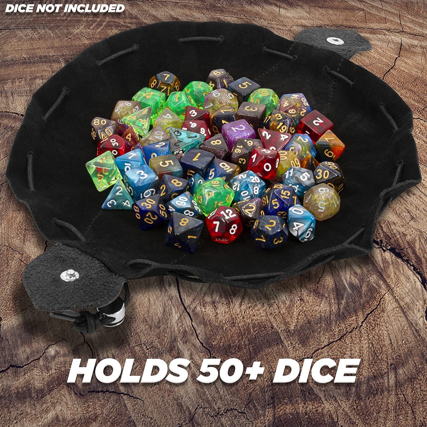 CASEMATIX Leather Dice Bag and Dice Rolling Tray for 50+ RPG Dice - Black DND Dice Bag Leather Drawstring Pouch with Non-Scratch Fabrics