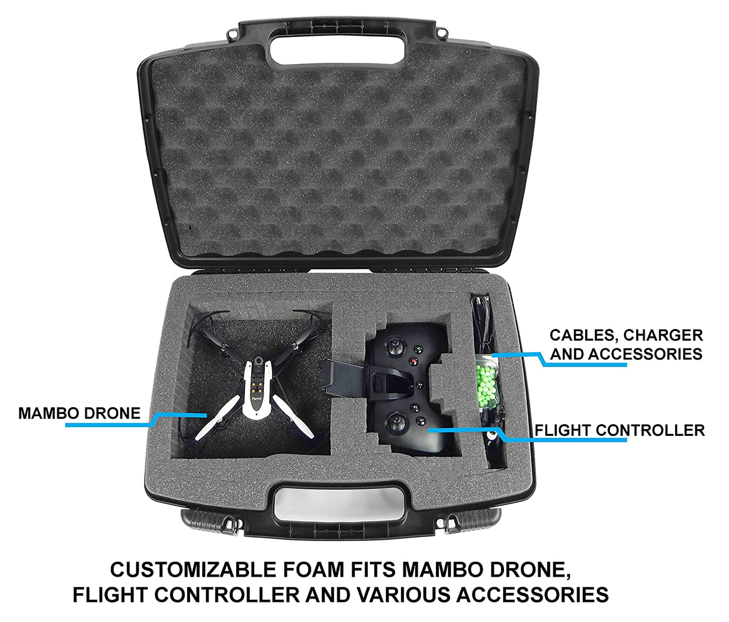 Hard Shell Minidrone Case Compatible with Parrot Mambo Drone -  Tri-Layer Customizable Foam & Flypad Controller Storage - Case Only