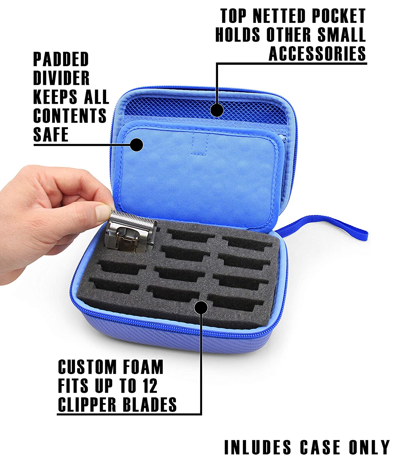 Barber Blade Case fits 12 Metal Clipper Blades - Andis/Oster/Wahl/Babyliss Compatible with Custom Padded Slots & Zippered Compartment