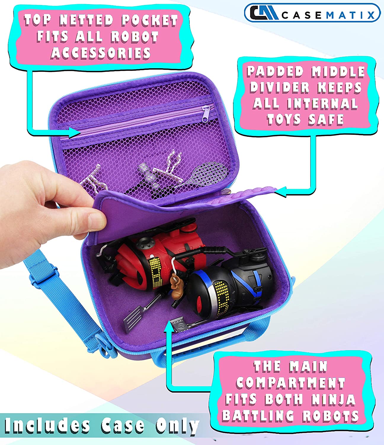 Toy Box Travel Case Compatible with Ninja Bots Interactive Battling Robots and Accessories, Includes Purple Case Only with Shoulder Strap