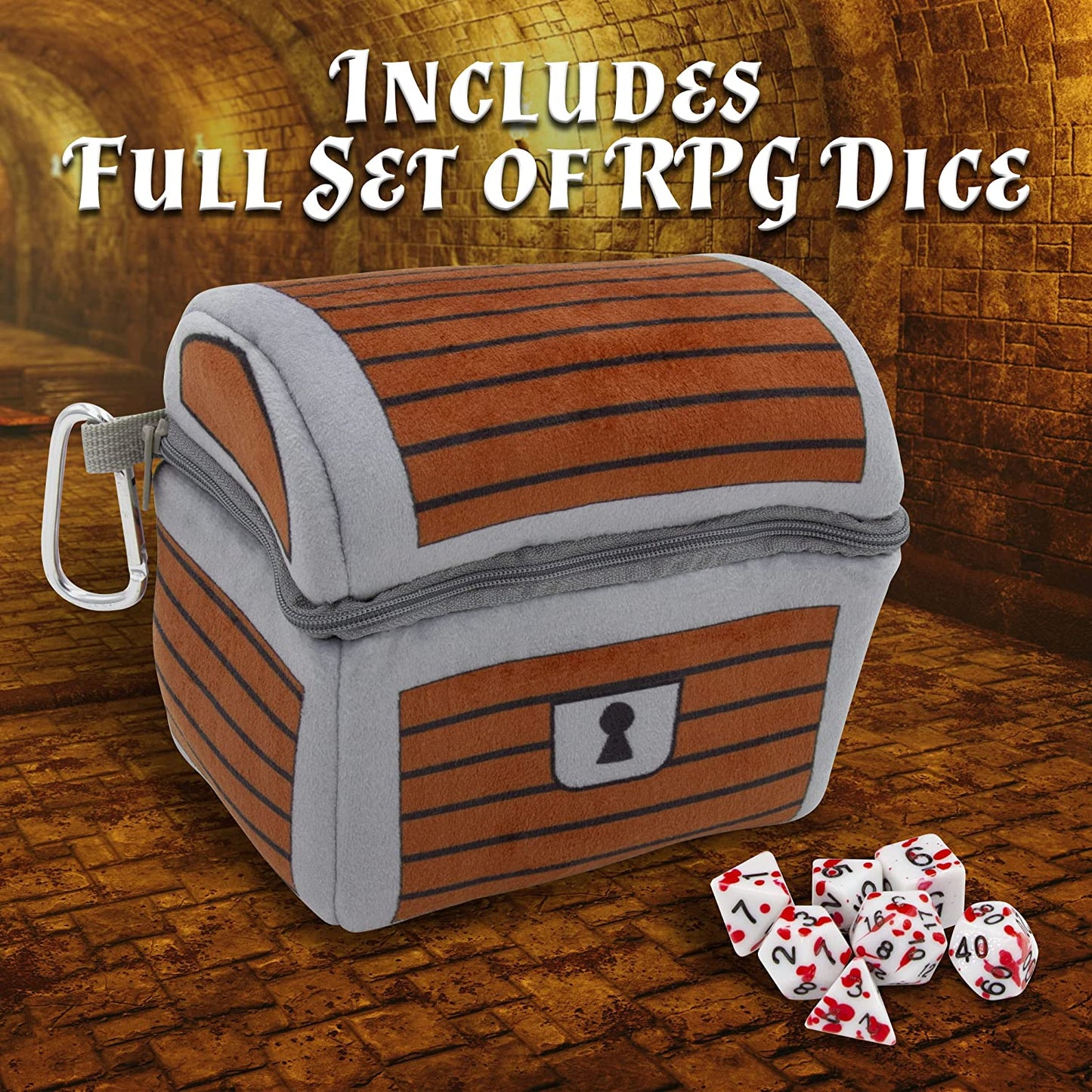 Mimic Dice Chest and Dice Jail with 7 Included RPG Dice - 6.5" Plush Mimic Chest Dice Bag with Zipper Closure and Carabiner for 150 Dice