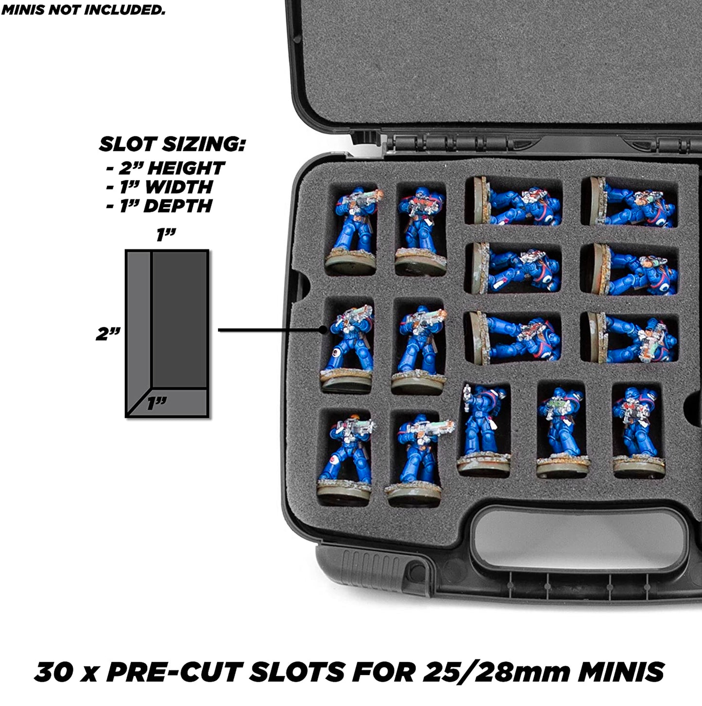 Miniature Storage Hard Shell Case - 30 Slot Figurine Carrying Case with Customizable Foam for for Warhammer 40k, DND and More!