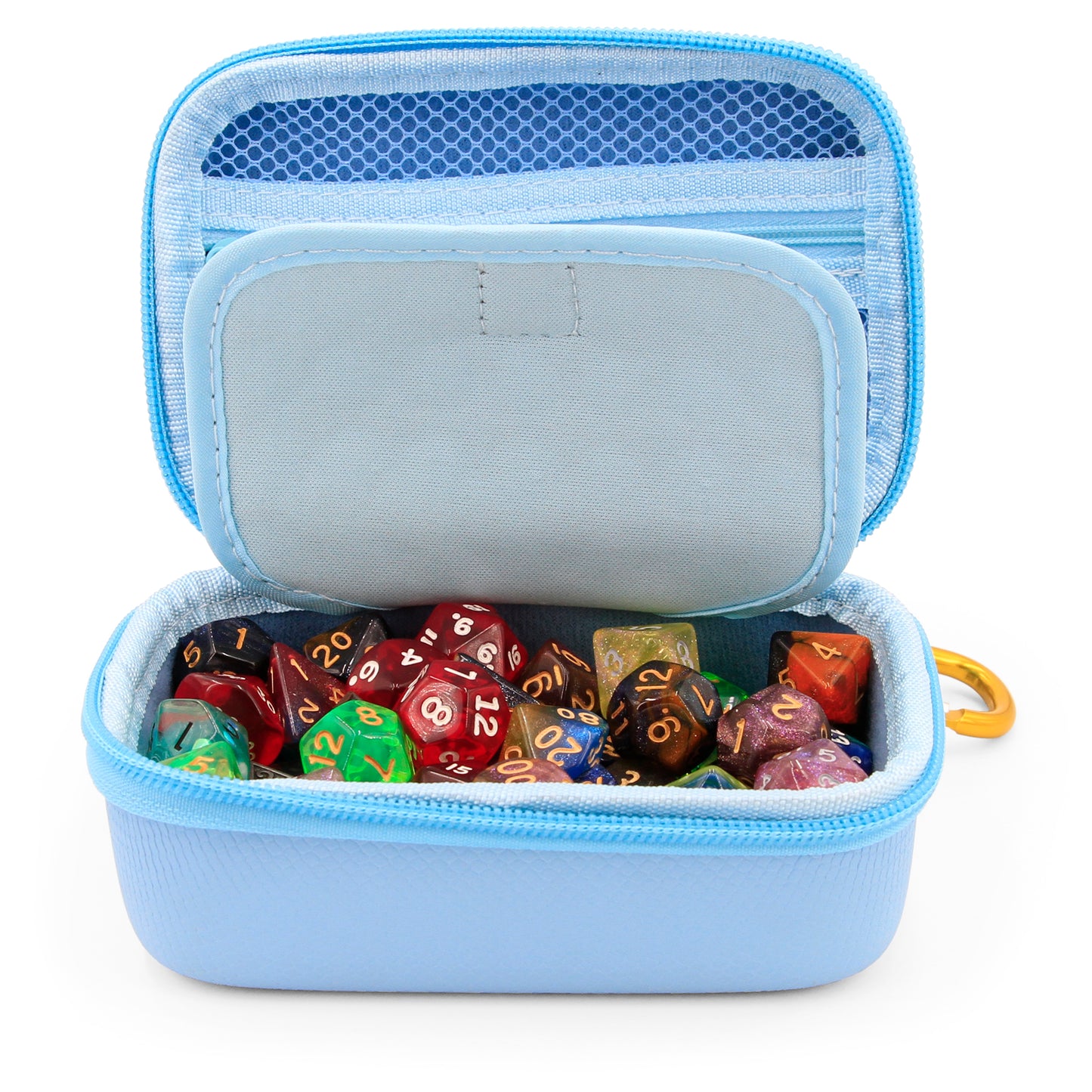 Travel Dice Case and Dice Holder for RPG Dice with Padded Interior Divider and Wrist Strap - Hard Shell Protective Dice Box