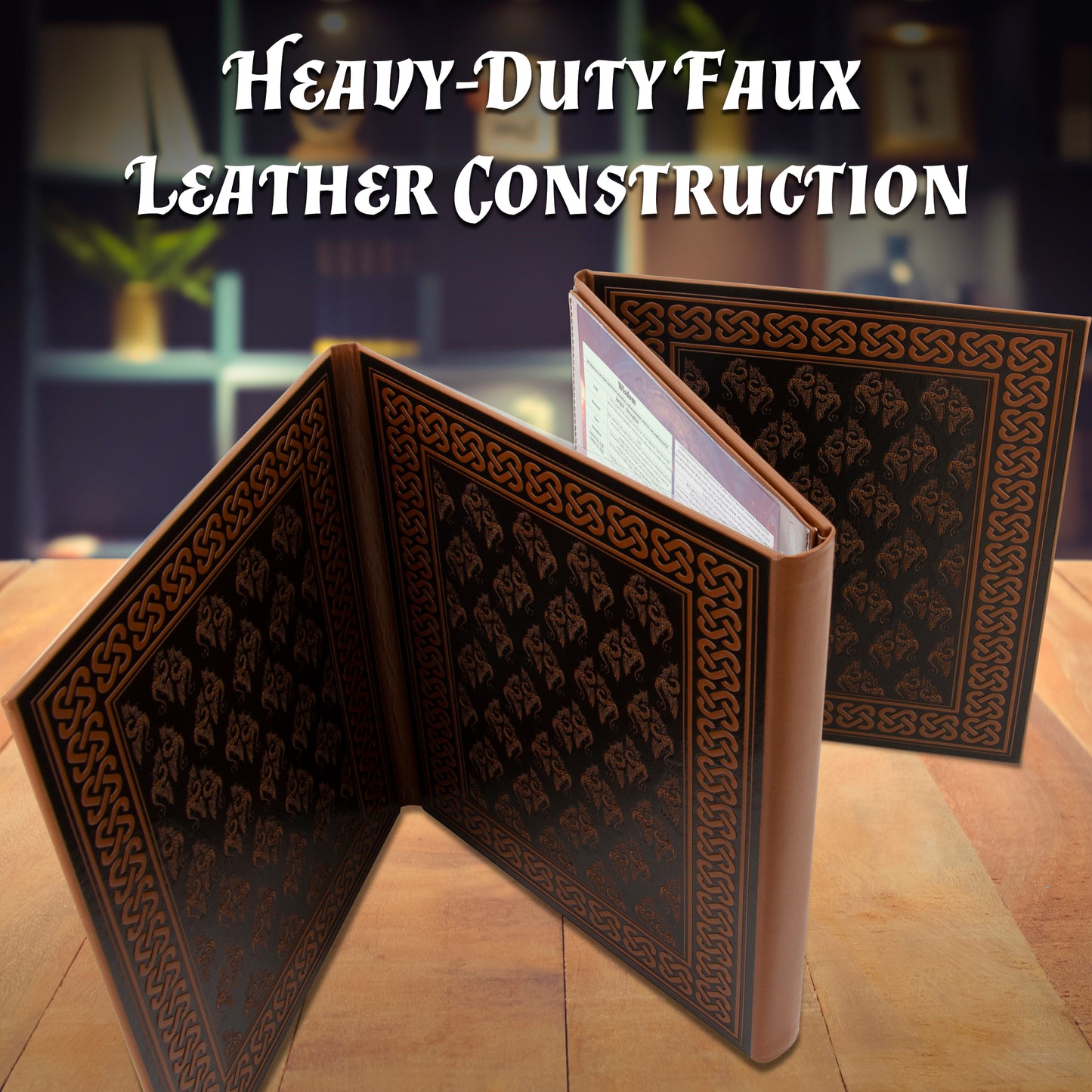 Faux Leather 4-Panel DM Screen – Embossed Folding GM Screen with Wet-Erase Pockets for Tabletop RPGs – Black or Brown (Inserts Not Included)